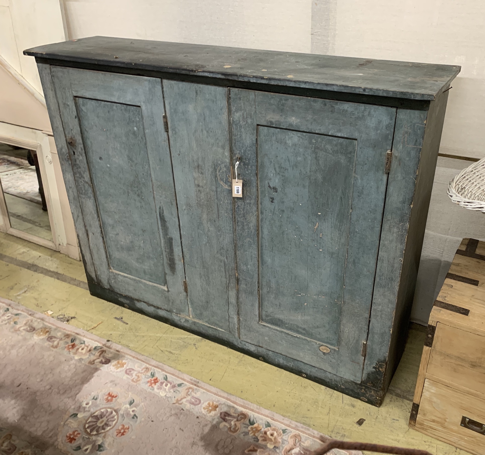 A 19th century French painted pine two door side cabinet, width 161cm, depth 41cm, height 125cm